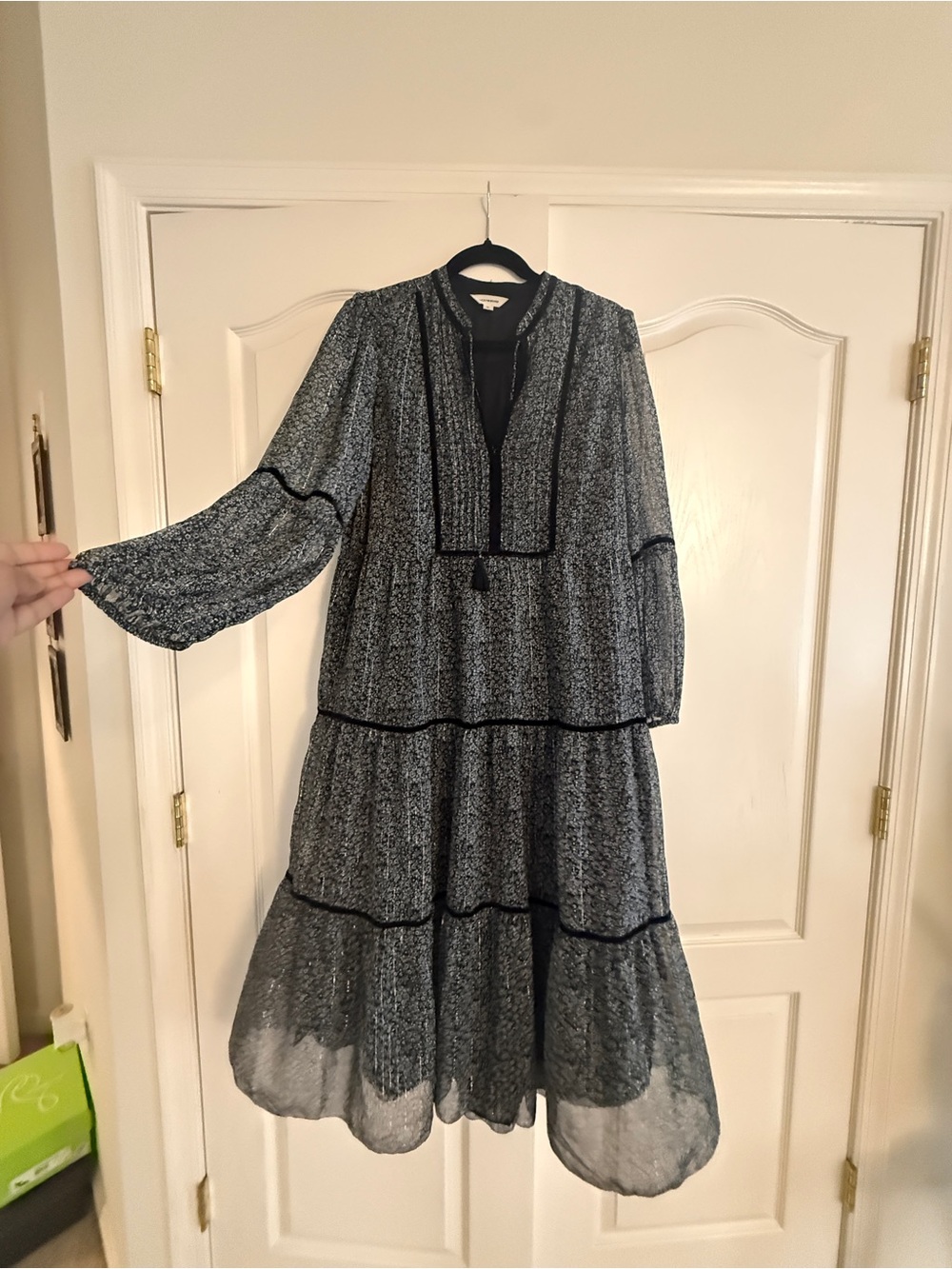 Lucky Brand Black Floral Tiered Midi Dress with Long Sleeves